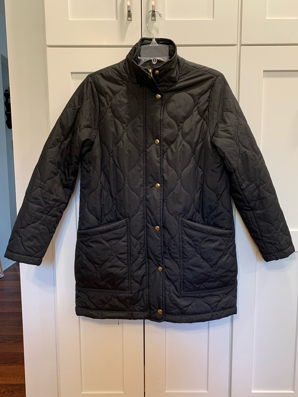 J CREW FACTORY City Puffer Coat Women's S Black Quilted Pockets Gold Details